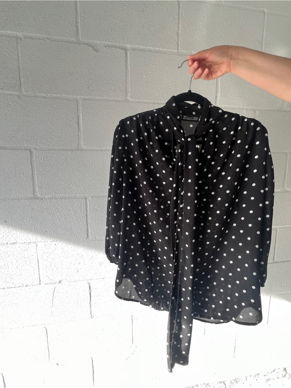 Avenue Black and White Polka Dot Tie-Neck Blouse - Picture 8 of 8
